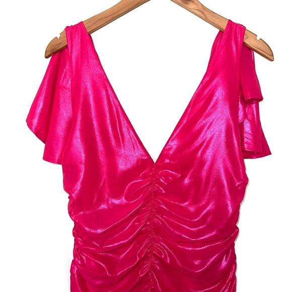 SOLD πNWT Lovers + Friends Kana Ruched Metallic Barbiecore Mini Dress Size L - Picture 3 of 16